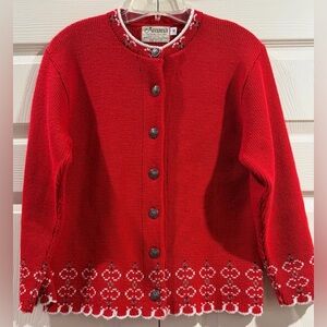 Vtg Amana Womens Red Cardigan Nordic Sweater Wool Mill Size M (36)